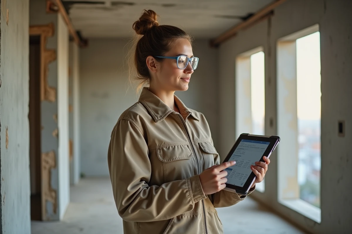 Entrepreneuse en rénovation présentant une estimation de travaux sur tablette dans un appartement en chantier