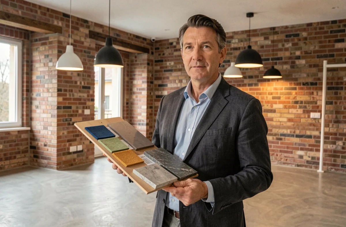 Eric Colleuille, architecte d'intérieur à Besançon, tenant un tableau d'échantillons de matériaux dans un appartement rénové avec briques apparentes et sol en béton ciré