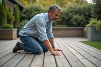 Expert en terrasse en bois examine la surface en extérieur