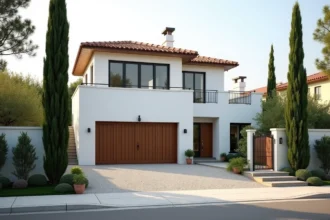 Façade extérieure d'une villa méditerranéenne moderne avec toiture en tuiles, allée en gravier et portail en fer forgé pour un achat immobilier