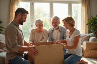 Famille multigenerational souriante déballant des cartons dans un salon lumineux