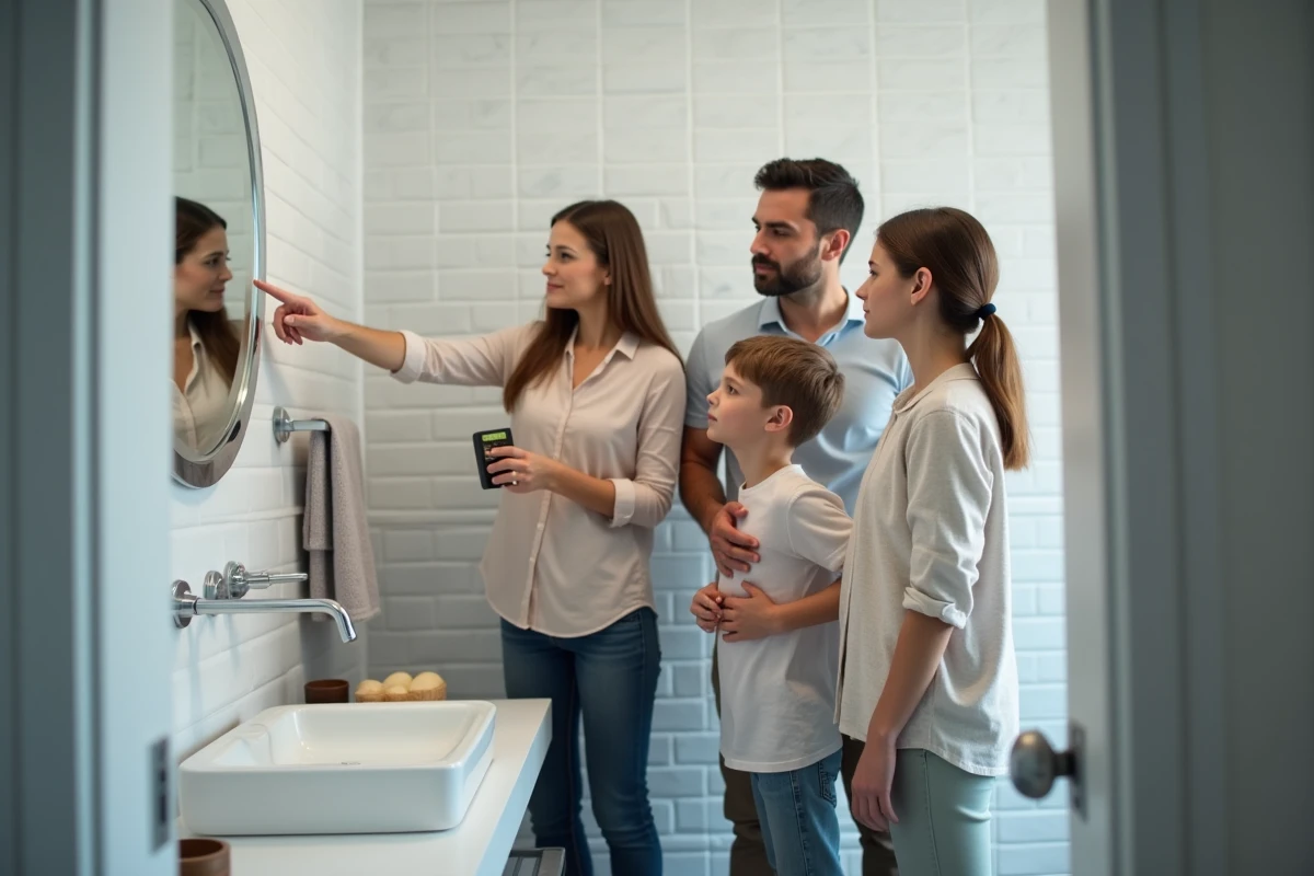 Famille de trois personnes vérifiant le compteur d'eau dans la salle de bain d'un appartement pour suivre leur consommation mensuelle