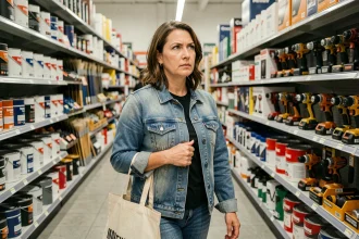 Femme faisant ses achats rapidement dans le rayon d'une grande surface de bricolage type Brico