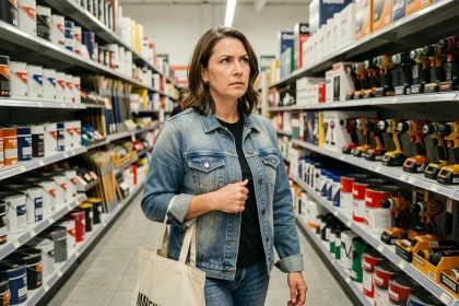 Femme faisant ses achats rapidement dans le rayon d'une grande surface de bricolage type Brico