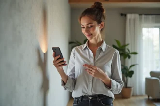 Femme utilisant une application de décoration 3D en réalité augmentée dans un appartement moderne au mur en béton brut