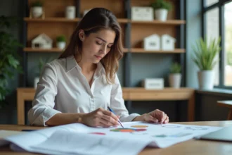 Femme en bureau organisant des plans et échantillons