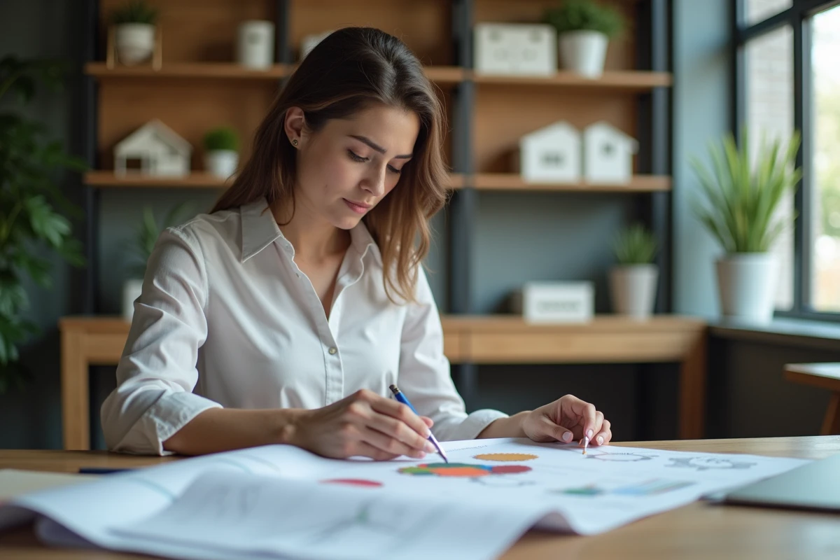 Femme en bureau organisant des plans et échantillons
