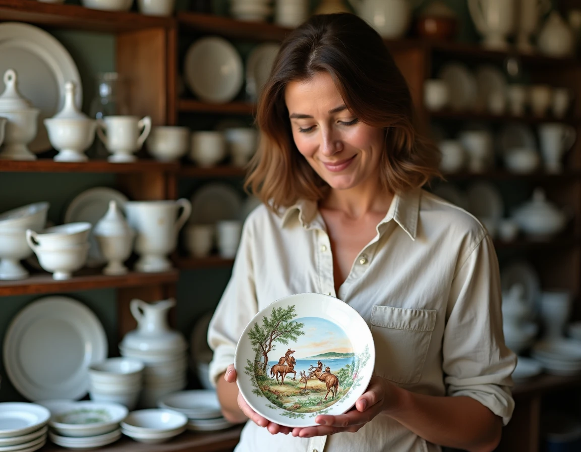 Femme examinant une assiette faïence de Moustiers aux motifs polychromes dans une boutique brocante