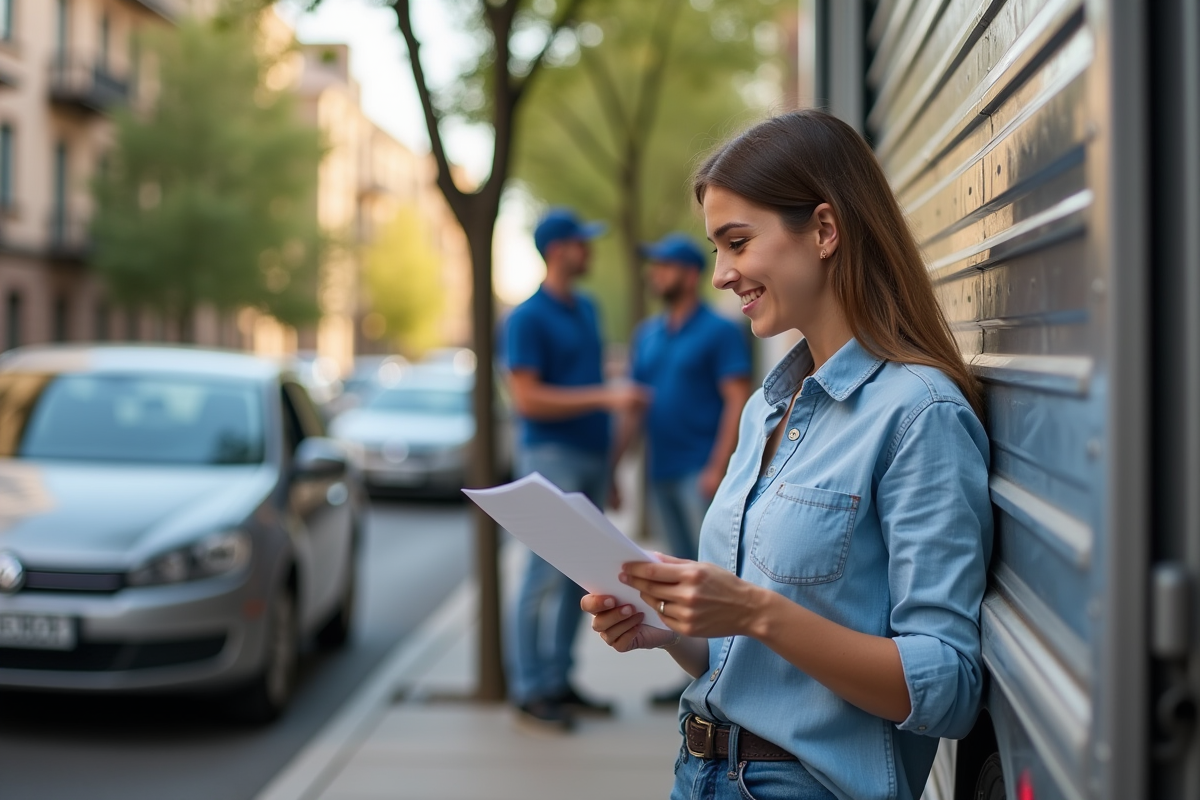 Jeune femme souriante vérifiant un document près d’un camion de déménagement