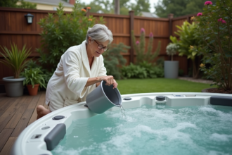 Femme en peignoir versant de l'eau dans un spa extérieur