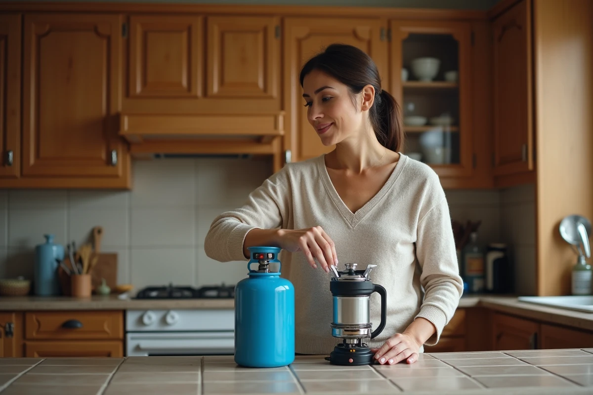 Femme branchant une bouteille de gaz butane sur un réchaud dans une cuisine résidentielle française