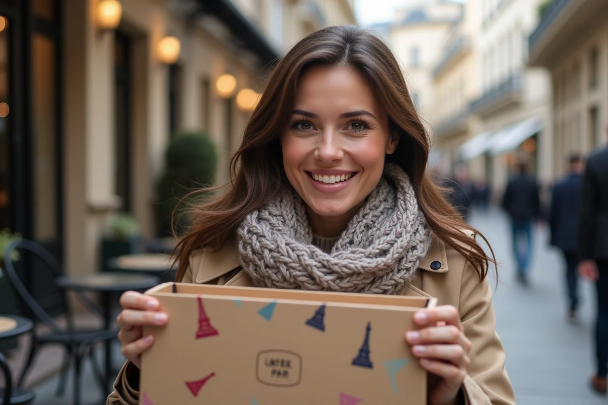Femme souriante découvrant un coffret cadeau à Paris