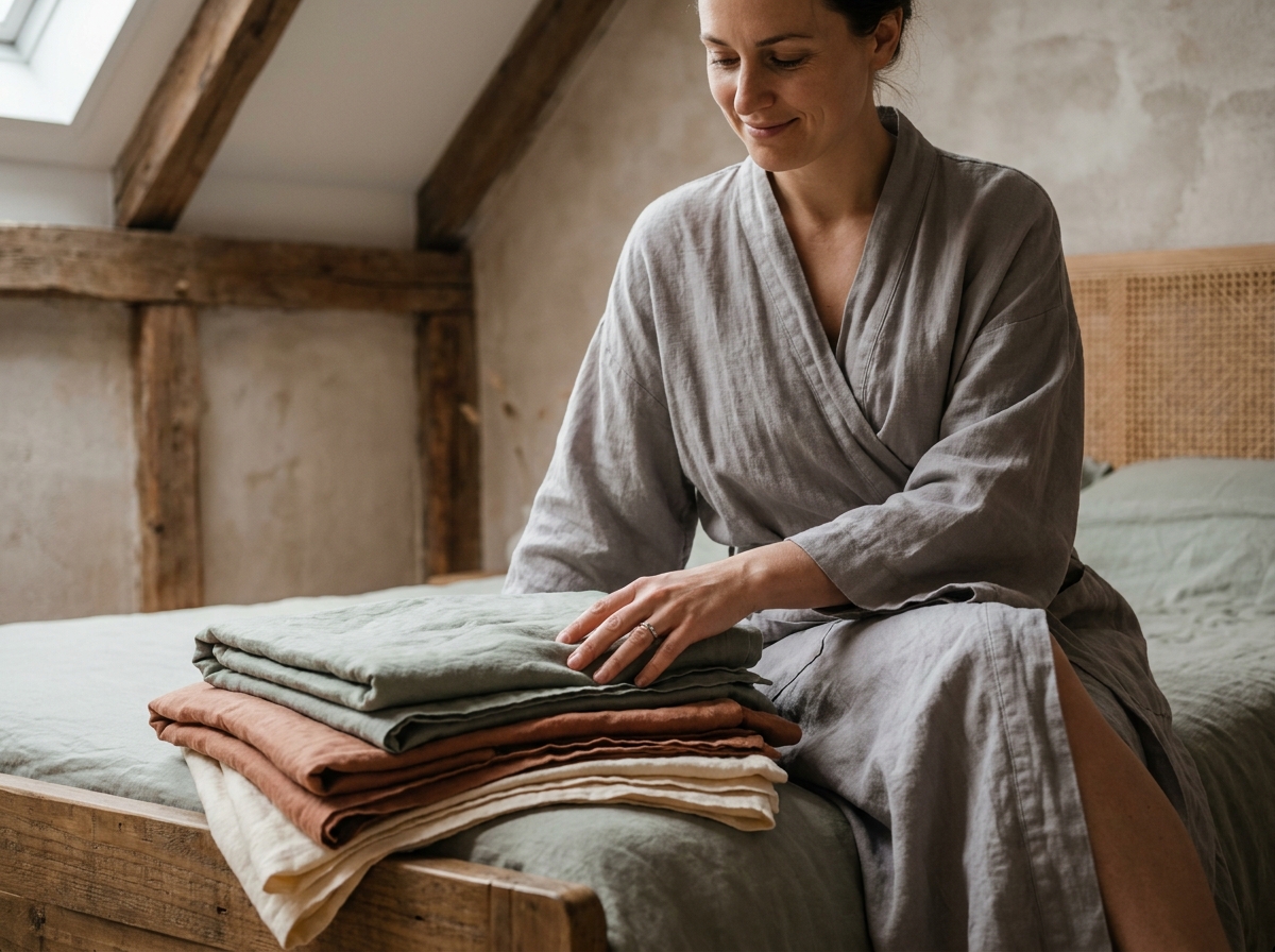 Femme choisissant des draps en lin naturel aux teintes terracotta et vert sauge dans une chambre rustique chaleureuse