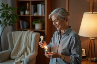 Femme comparant une ampoule à petit culot E14 avec une douille de lampe de chevet en bois