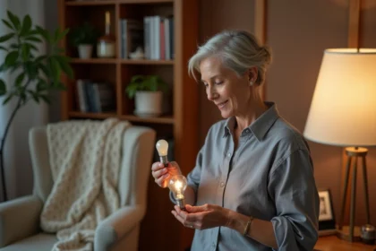 Femme comparant une ampoule à petit culot E14 avec une douille de lampe de chevet en bois