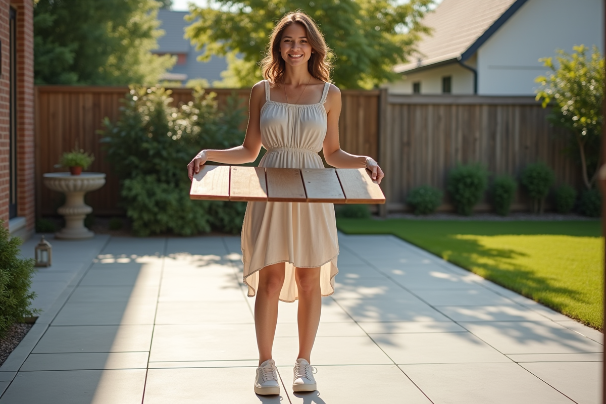 Jeune femme souriante tient des échantillons de matériaux extérieurs