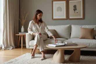 Femme élégante assise dans un salon moderne et sophistiqué