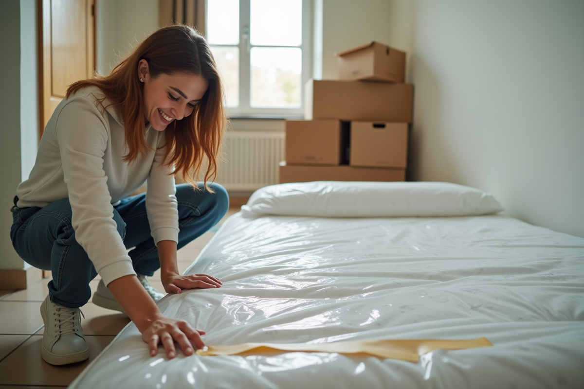 Jeune femme fixant un plastique autour du matelas dans un couloir