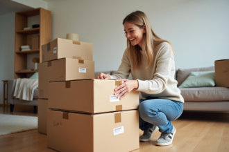 Femme emballant des cartons dans un salon spacieux