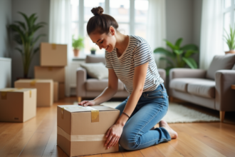 Jeune femme emballant une boxe de demenagement dans un salon organisé