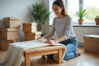 Jeune femme souriante emballant un meuble dans un salon cosy
