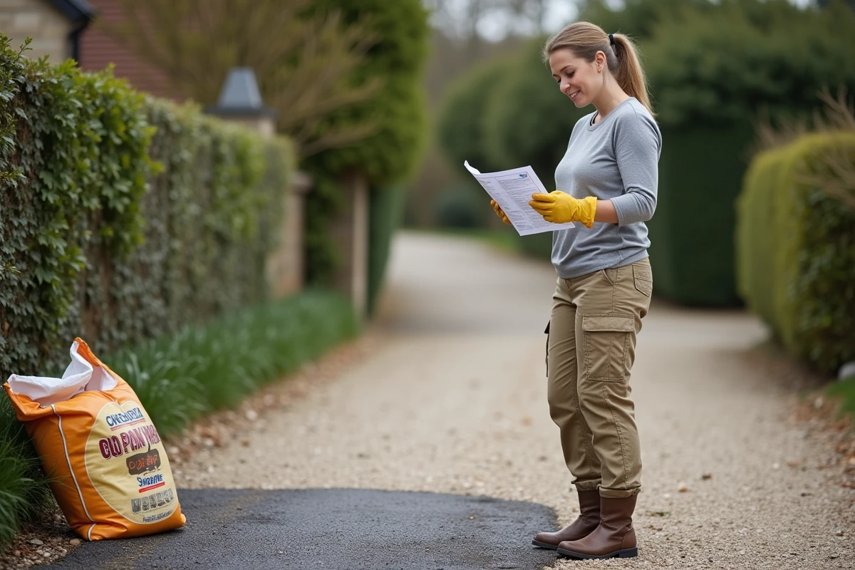 Femme évaluant son allée en gravier avec un guide de travaux, avant de décider d'enrober elle-même sa surface de voie privée