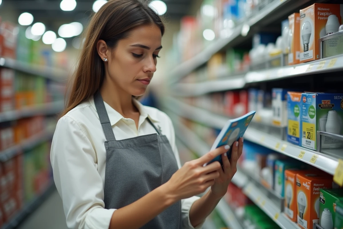Femme lisant l'étiquette d'une ampoule LED en magasin pour comprendre l'équivalence lumens-watts