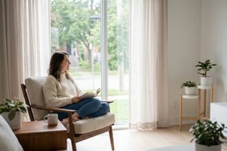 Femme lisant dans un salon moderne et lumineux