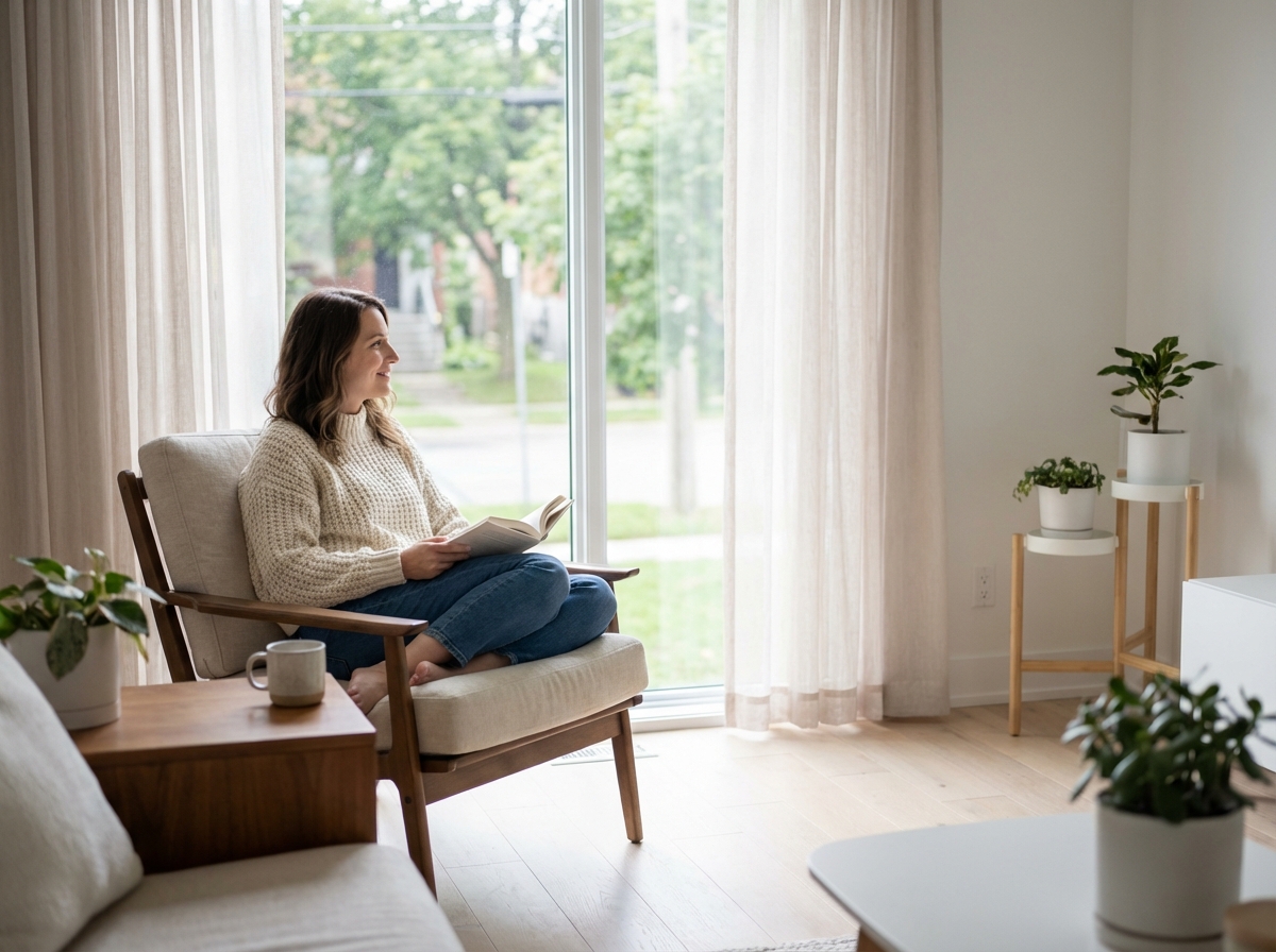 Femme lisant dans un salon moderne et lumineux