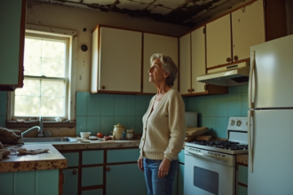 Femme inspectant une cuisine dégradée avec moisissure et délabrement