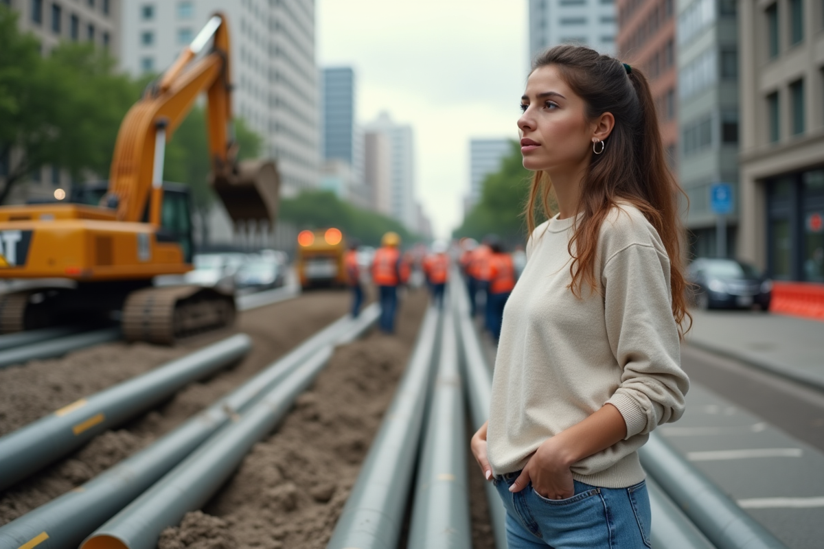 Jeune femme regardant des ouvriers de plomberie en extérieur