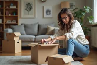 Femme d'âge moyen triant des livres dans un salon minimaliste