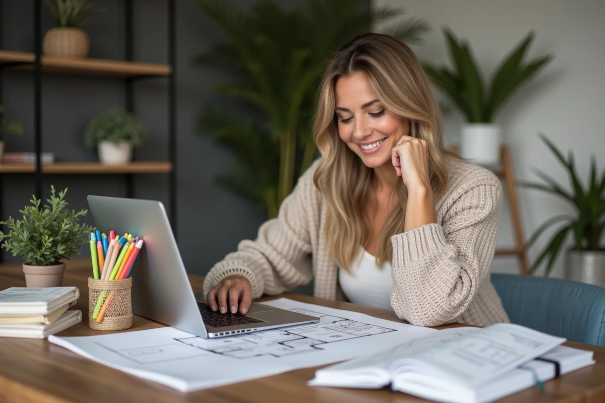 Femme planifiant sa maison avec plans et ordinateur