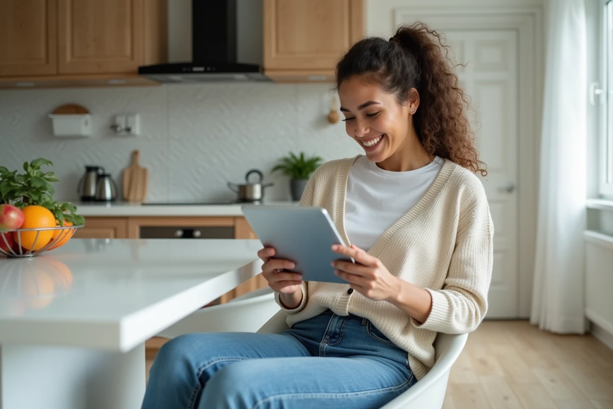 Femme souriante utilisant une tablette dans une cuisine moderne