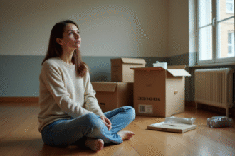 Femme d'âge moyen assise sur le sol avec cartons de déménagement