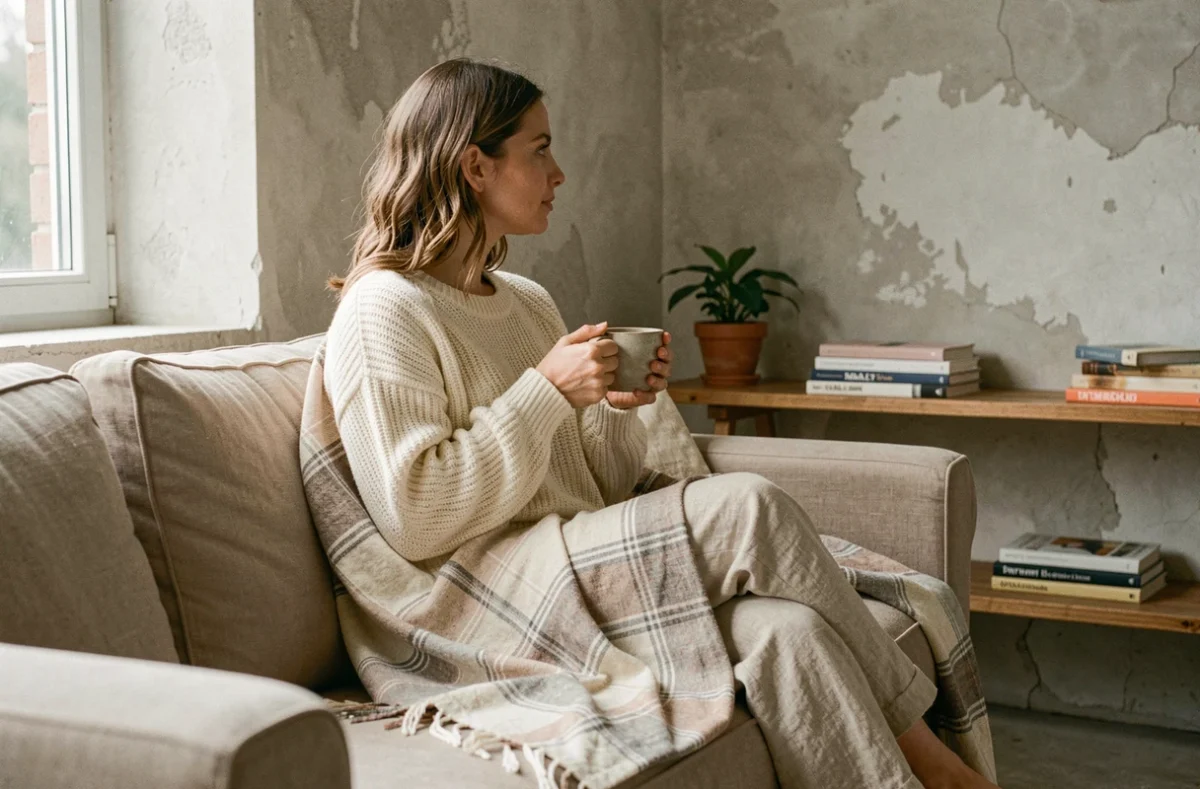 Femme détendue enveloppée dans un plaid lin lavé beige sur un canapé, tenant une tasse en céramique
