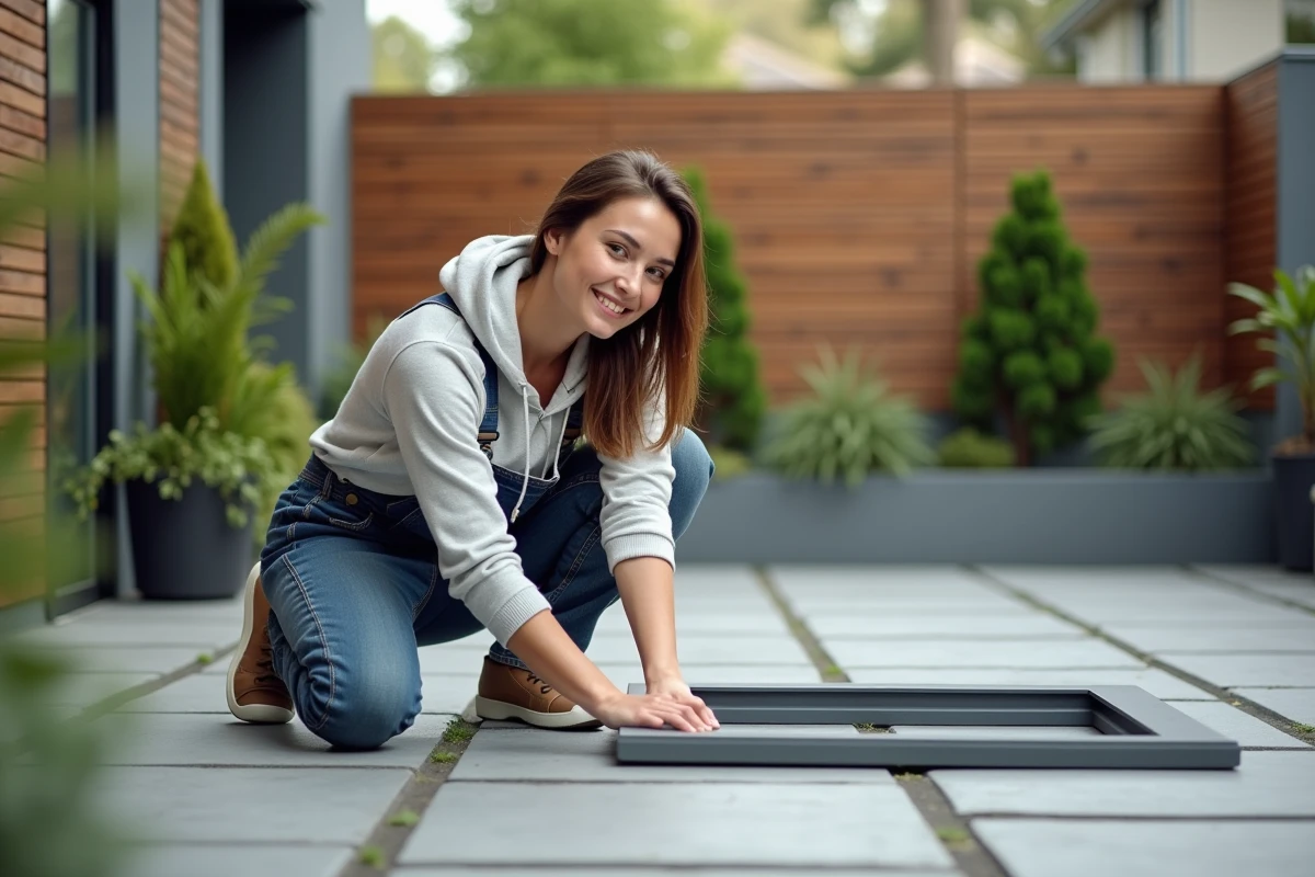 Jeune femme posant un cadre de spa sur une terrasse en béton