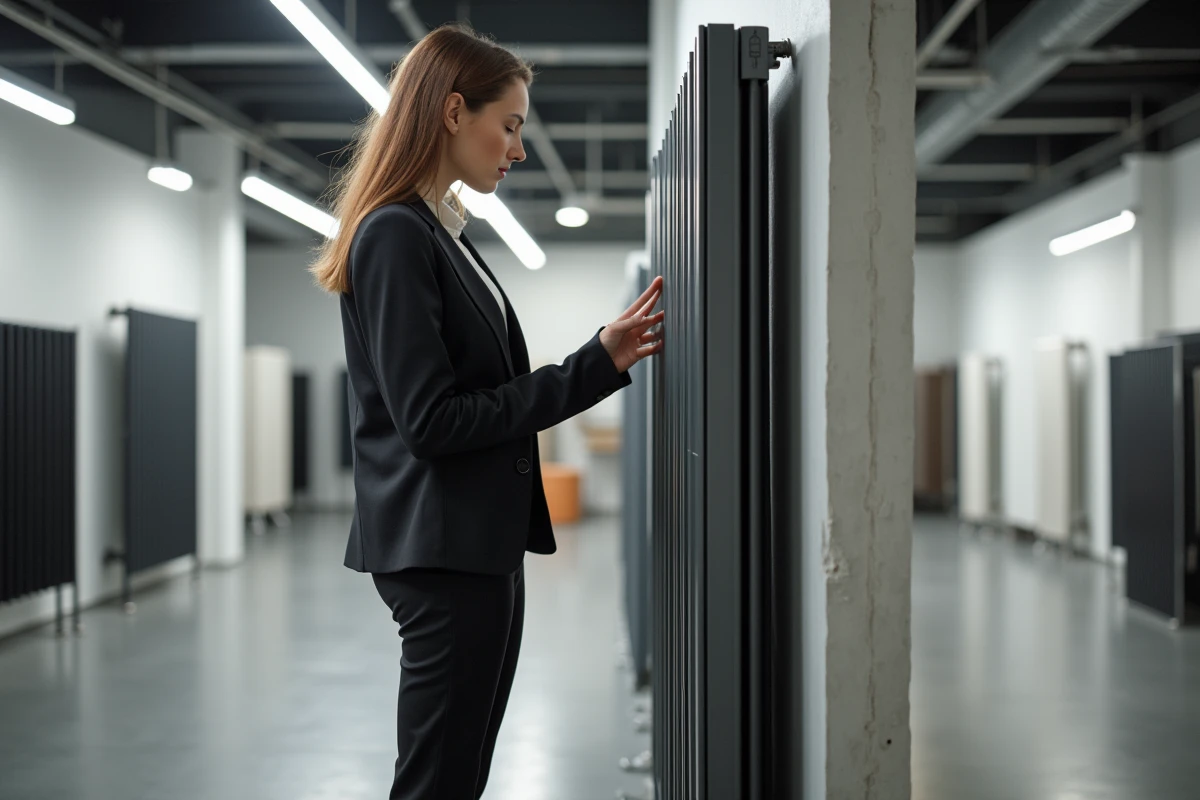 Jeune femme examinant un radiateur moderne en showroom