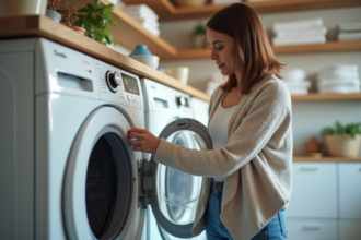 Femme réglant un sèche-linge dans la buanderie
