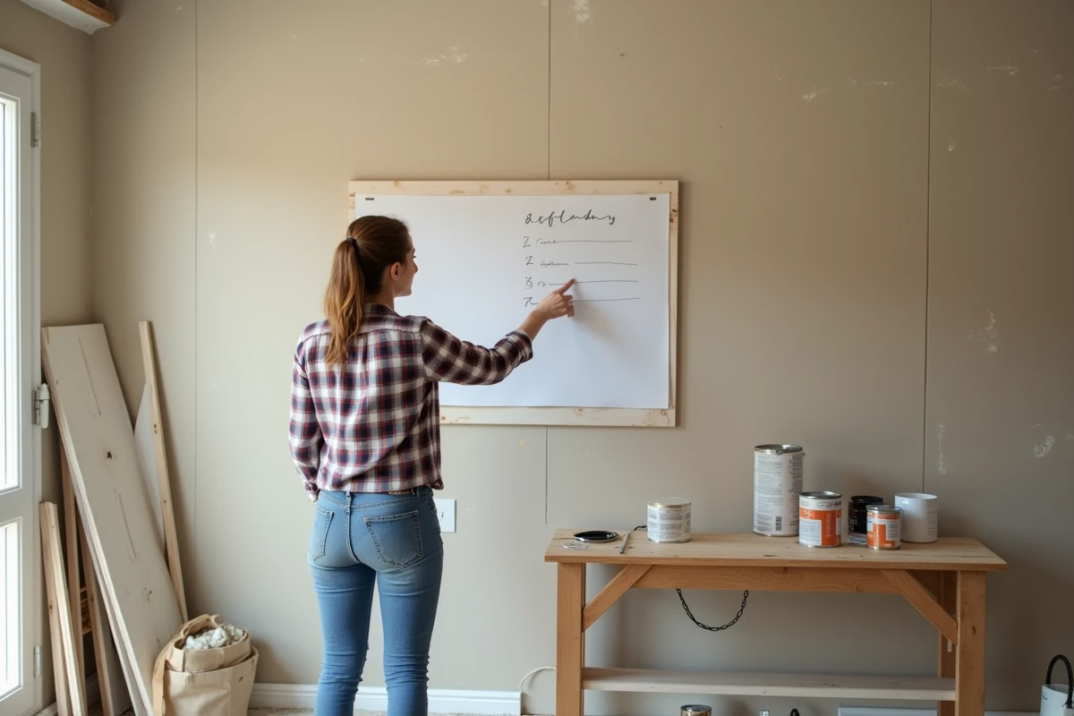 Jeune femme vérifie une liste dans un espace en travaux