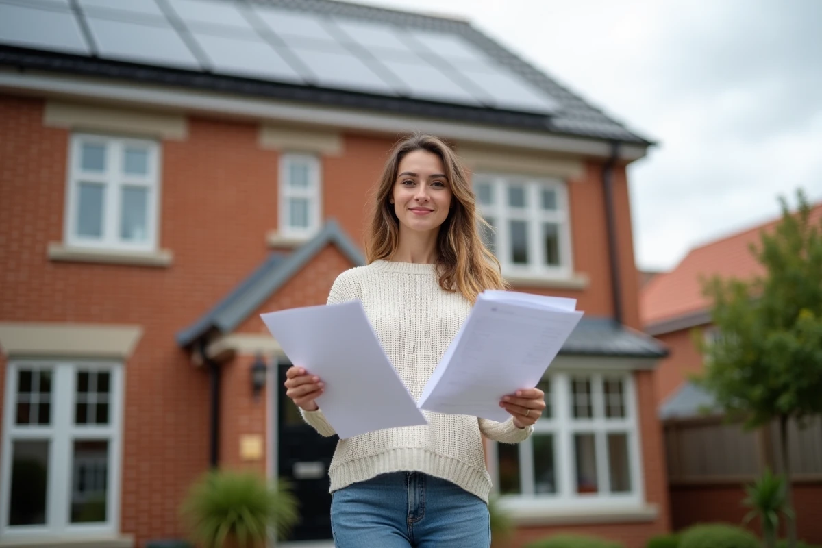 Jeune femme devant sa maison avec devis de rénovation