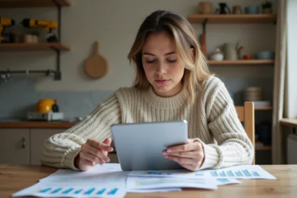 Femme concentrée sur ses factures de rénovation à la maison