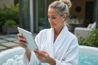 Femme en robe blanche détendue dans un spa extérieur