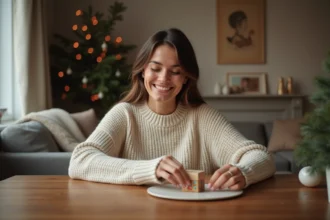 Femme souriante ouvrant un calendrier de l'avent adulte