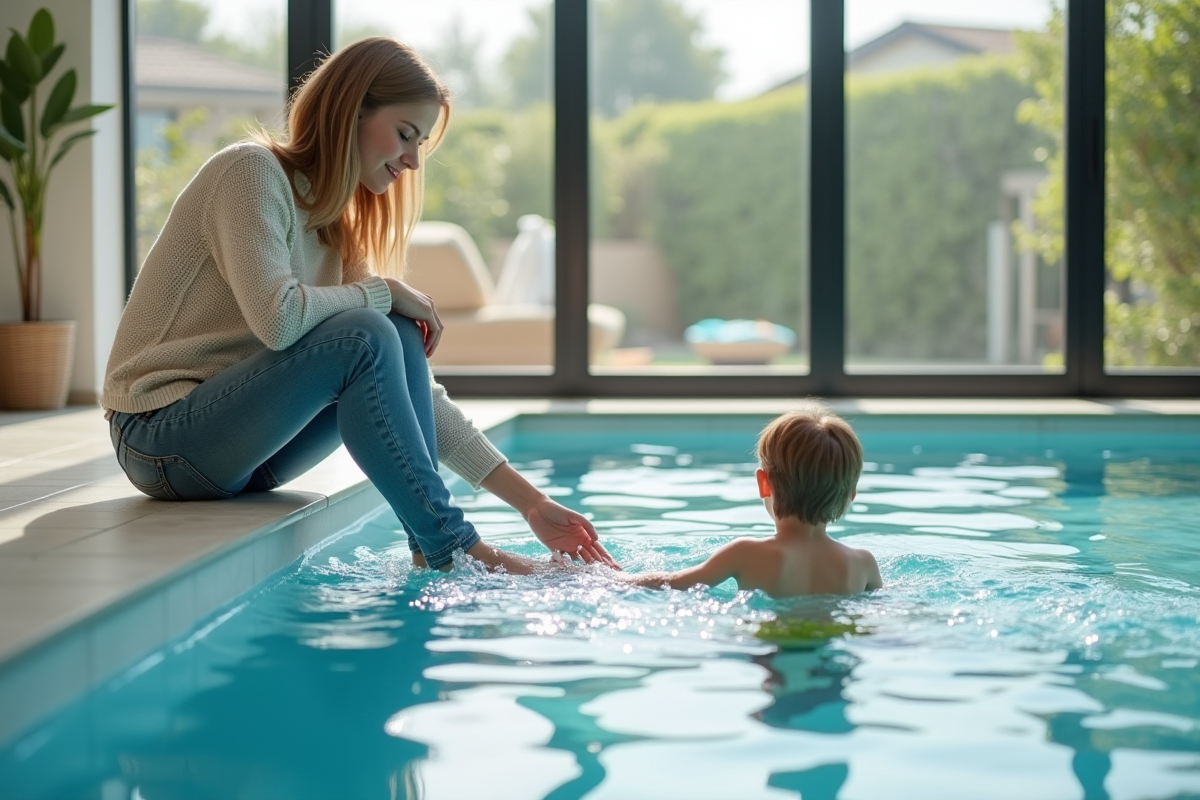 Jeune femme assise au bord de la piscine intérieure