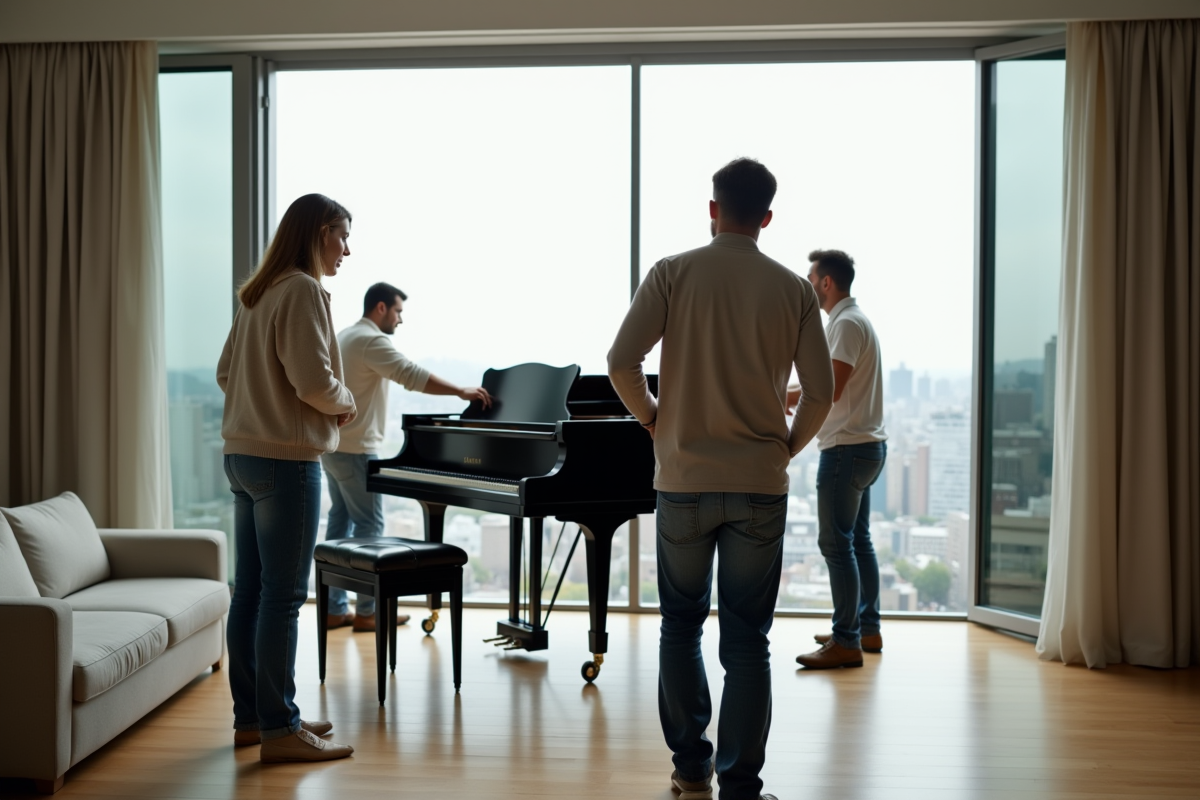 Une femme supervise le déplacement d’un piano dans un salon moderne