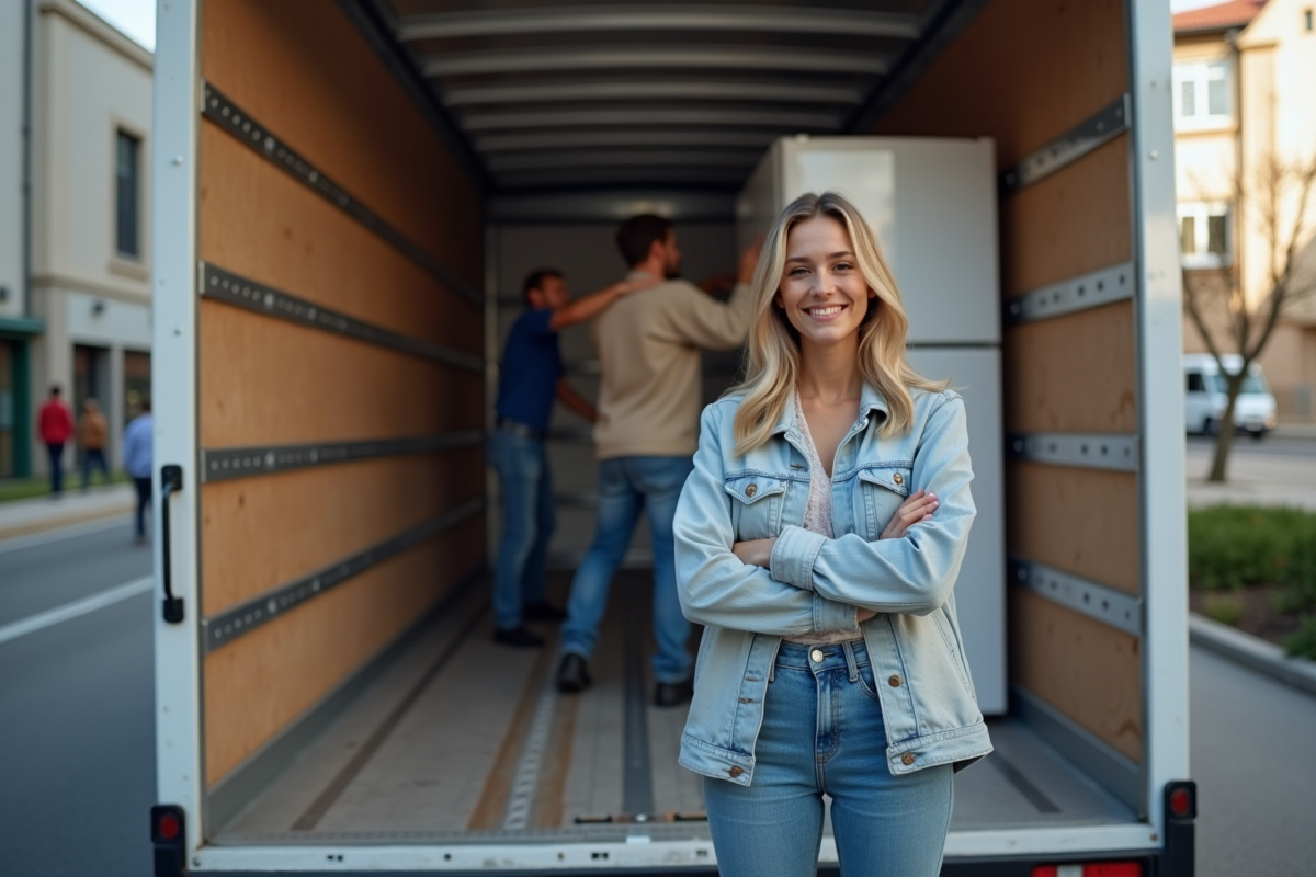 Jeune femme souriante supervisant le placement du frigo dans le camion