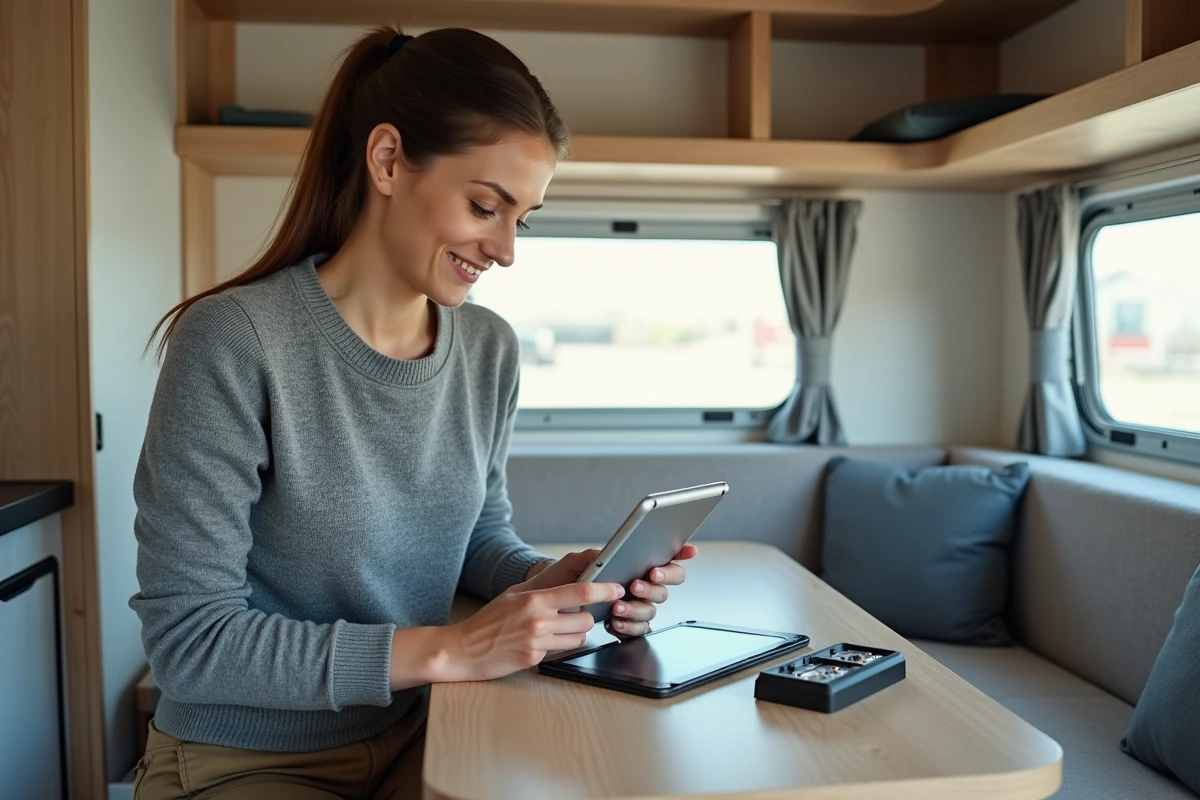 Femme utilisant une tablette avec un code erreur dans une caravane lumineuse