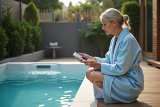 Femme en robe bleue testant l'eau d'un spa extérieur