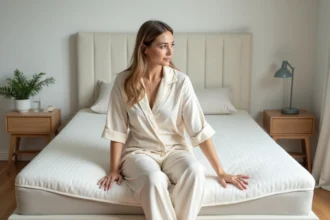 Femme testant la fermeté d'un matelas Duvivier en posant sa main sur la surface, dans une chambre moderne et épurée